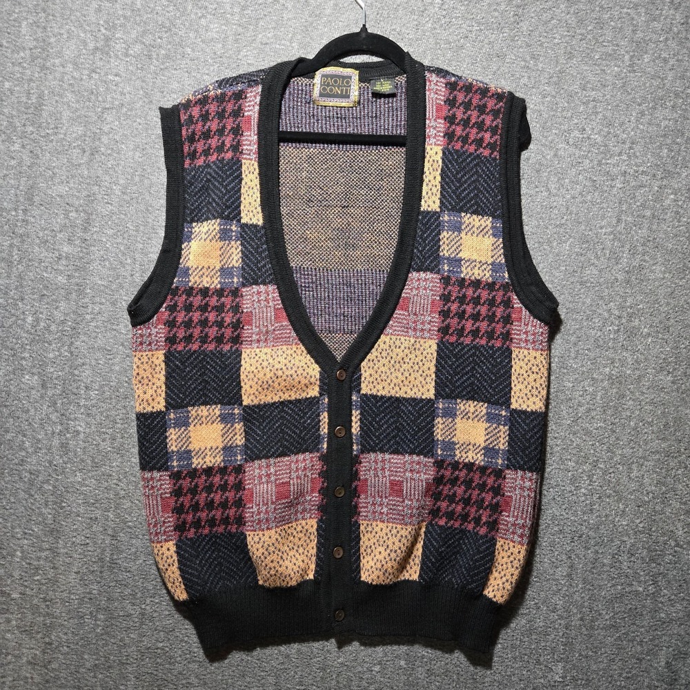 Vintage Paolo Conti Wool Blend Sweater Vest Cardigan Patchwork Men's Large